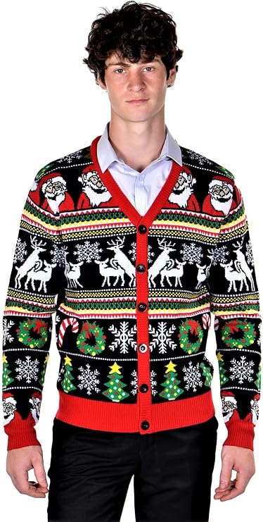 SoCal Look Men's Ugly Christmas Sweaters Cardigan Deer Santa Black