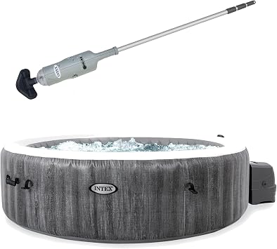 Intex Rechargeable Handheld Above Ground Pool Vacuum Cleaner with 2 Brush Heads and PureSpa Plus 6 Person Bubble Massage Inflatable Hot Tub, Greywood