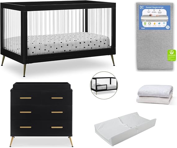 Delta Children Sloane Crib 7-Piece Baby Nursery Furniture SetIncludes: Convertible Crib, Dresser, Changing Top, Crib Mattress, Fitted Sheets, Toddler Guardrail & Changing Pad, Black w/Melted Bronze