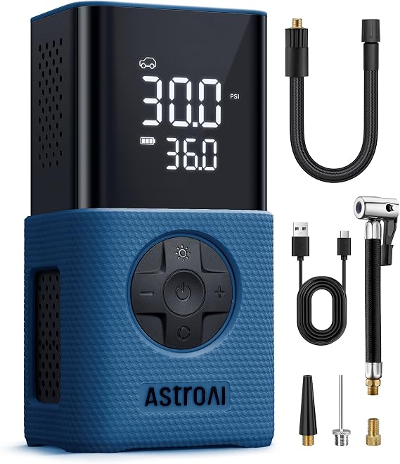 AstroAI L7S Tire Inflator Portable Air Compressor Cordless with Digital Pressure Gauge, 150 PSI LED Light Bike Air Pump with Fast Inflation & Auto Shut-Off for Car Tires,Motorcycles,Bikes,Balls,Blue