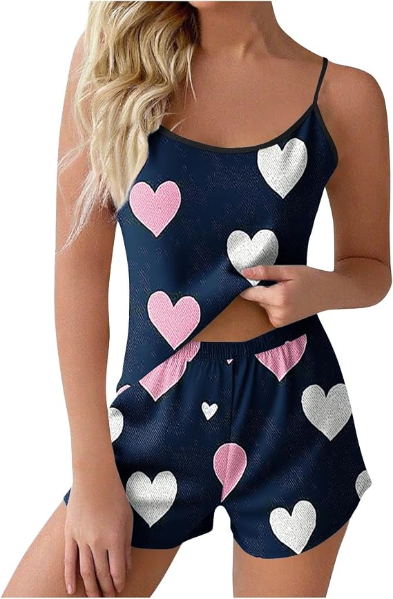 Summer Pajama Set for Women 2 Piece Sleeveless Cami Tank Top and Shorts Lightweight Floral Print Pjs Sets Sleepwear