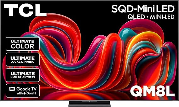 TCL 65 Inch Class QM8L Series | SQD-Mini-LED QLED Smart TV | 65QM8L, 2026 Model | 144Hz | Ultimate Color Brightness & Contrast | Google AI Bang & Olufsen | Voice Control Gaming Streaming Television