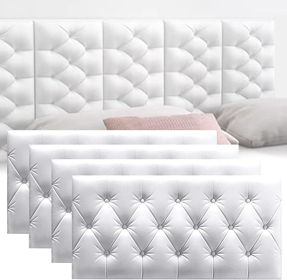 3D Anti Collision Wall Padding for Bedroom,Peel and Stick Headboard Panels,Adhesive Wall Cushion Upholstered Headboard Panels Decor for Nursery Living Room(13.8x27.5in 4PCS, White)