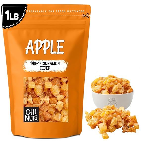 Oh! Nuts Dried Apple Pieces, Dehydrated Apples Bulk, Cinnamon, 1 lb | Dried Apple Slices Diced, Dehydrated Apple Slices, Freeze-Dried Quality, Cinnamon Sweetened, Kosher Pareve, 1 lb