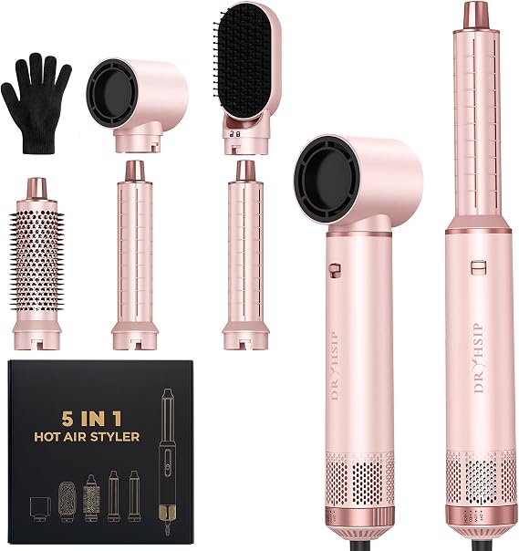5 in 1 Hair Styler for Woman,Air Curling Wrap, Drying, Curling, Straightening & Volumizing, Hot Air Curler Dryer Brush Tool Set, Curl Styling Tools, Hair Styling at Home Travel -Pink
