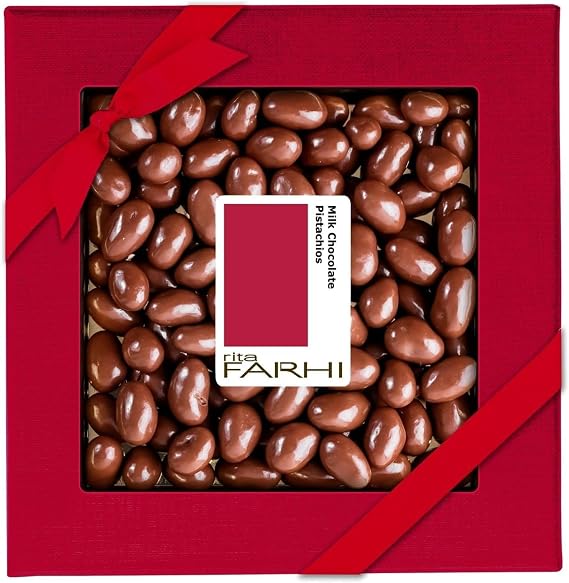 Rita Farhi Milk Chocolate Pistachios Luxury Gift Box 210g – Belgian Chocolate Covered Pistachio Nuts, Palm Oil Free, Vegetarian Gift for Birthdays & Celebrations
