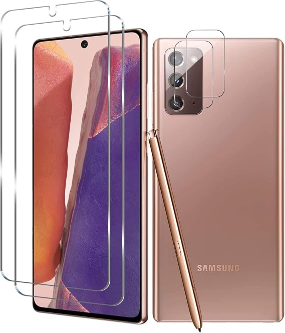 Galaxy Note 20 Tempered Glass Screen Protector + Camera Lens Protector [ 2 + 2 Pack ] [Compatible Fingerprint] [Anti-Scratch] [Case Friendly] Clear HD Protective Film for Samsung Galaxy Note 20