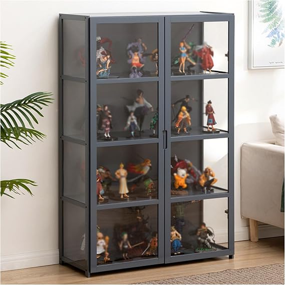 Small Curio Display Cabinet Wood with Acrylic Doors Display Case for Collectibles Figures Storage Shelves for Bedroom Storage Cabinet Toy Organizers Rack & Kids Bookcase,Gray,4 Tier_Double Door