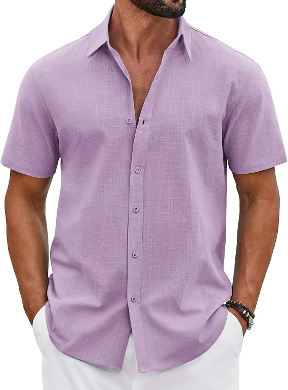 COOFANDY Mens Button Down Shirts Short Sleeve Casual Shirt Cotton Summer Beach Linen Wedding Shirts
