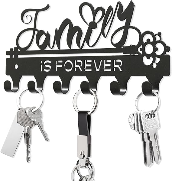 Family is ForeverMini Key Holder Wall Mounted,Small Key Holder on Wall,Black Metal Decorative Key Rack Hooks for Garage,Mudroom,Hallway,Entryway,Front Door,OfficeMini Size:18.5x8.5cm