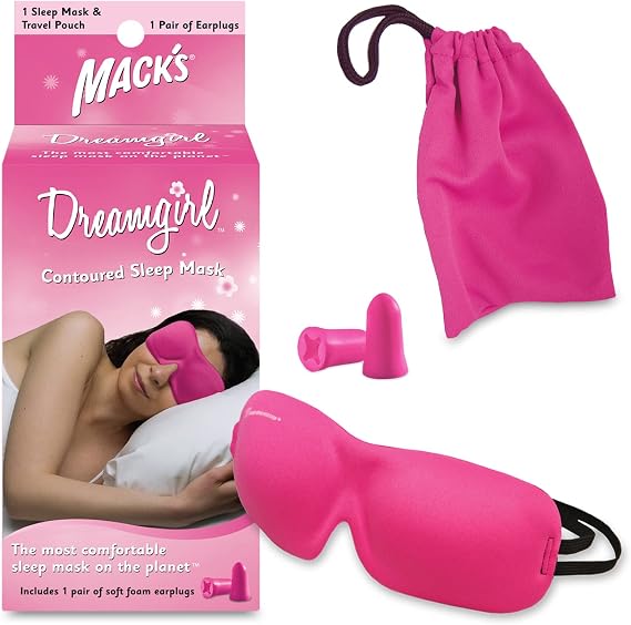 Macks Dreamgirl Contoured Sleep Mask Pink, Comfortable, Adjustable, 2 Strap Eye Mask with Macks Dreamgirl Soft Foam Earplugs