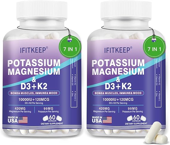 Magnesium Potassium D3 K2 10000IU Supplement - Bone/Heart Health, Immune/Mood Support, Energy for Adults - High Absorption, Non-GMO - 60 Caps (2)