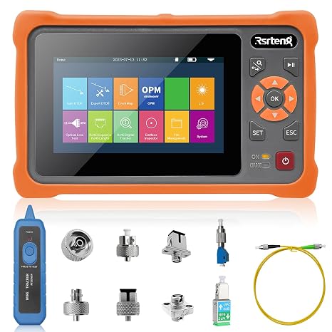 Rsrteng OTDR Fiber Optic Tester 1610nm 22dB Test Rang 500m-100Km Live Fiber Test Support LS OPM OLS Event Map RJ45 Test 8GB TF Card Analysis Software Connectors with UPC/FC SC LC ST SC/UPC-SC/APC