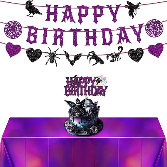 Purple and Black Birthday Decorations, Halloween Birthday Party Decorations Gothic Decor, Black Purple Glitter Spooky Photo Booth Prop Backdrop for Girls, Gothic Inspired Party Supplies Set Include Banner, Cake Toppers, Tablecloth 54" x 108"
