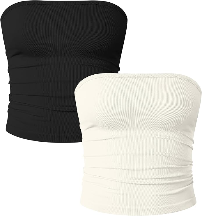 OQQ Womens 2 Piece Tube Tops Strapless Basic Sleeveless Stretch Classic-Fit Shirts Sexy Crop Tops