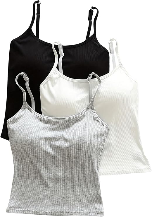 WDIRARA Women's 3 Pack Cami Crop Top Built in Bra Spaghetti Strap Tank Tops