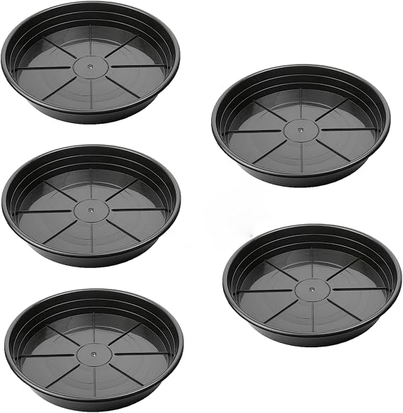 SUNPACK Premium Plastic Plant Saucer, Black 12 Inside Diameter, Pack of 5 - Protects Surfaces and Floors from Water and Debris