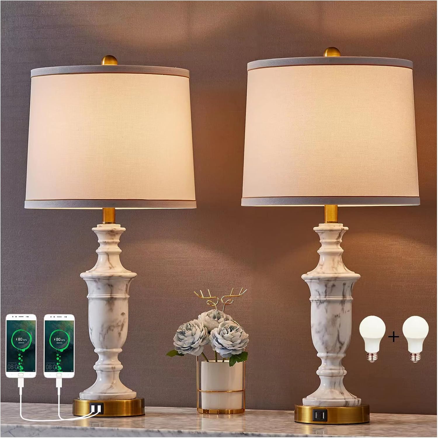 White Marble Finish Touch Control Bedside Table Lamp Set of 2 Round Linen Shade， 5V2A USB Charging Ports lamp for Living Room Reading Room Bedroom Home Office
