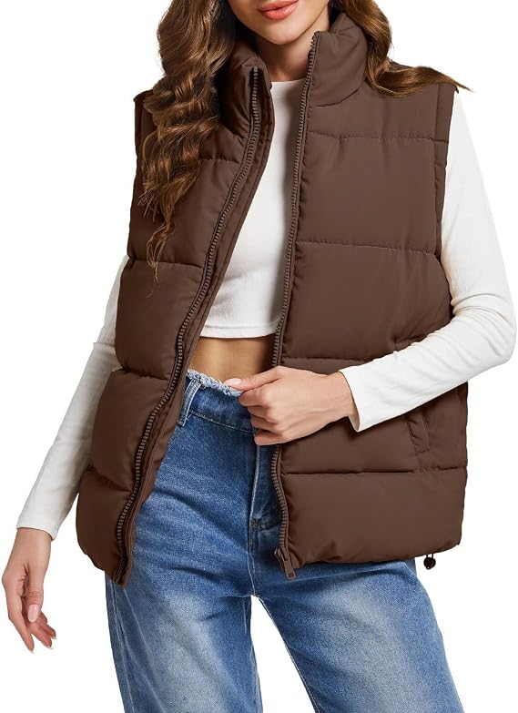 Polu Puffer Vest Women Zip Up Stand Collar Sleeveless Puffer Vests Oversized Padded Gilet Jacket