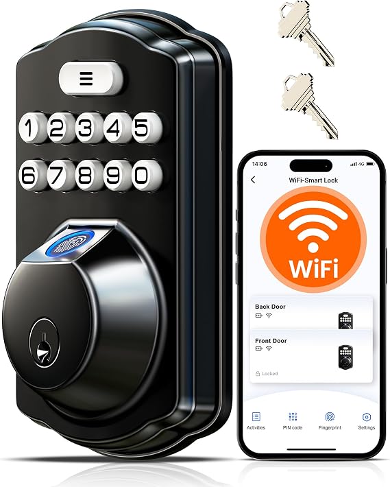 Veise VE012W WiFi Fingerprint Smart Lock for Front Door, Matte Black