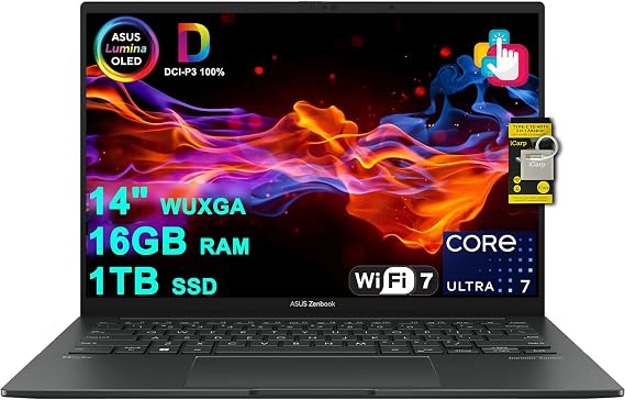 ASUS Zenbook 14 Creator Laptop 14" WUXGA Lumina OLED Touch (500nits HDR, 100% DCI-P3) Intel 16-core Ultra 7 255H (Up to 13 Tops) 16GB RAM 1TB SSD for Business Work Win11 ICP Acc