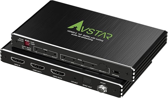 4K@60Hz HDMI Splitter with Audio Extractor 1x2 4:4:4, HDMI 2.0 Splitter 1 in 2 Out 18Gbps SPDIF/Optical Audio Output. HDR, HDCP 2.2/2.3 Bypass, EDID and Scaling,for PS5 Xbox UHD TV