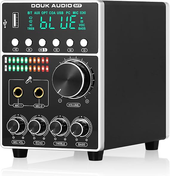 Douk Audio M7 160W Karaoke Wireless Bluetooth Amplifier, 2 Channel Stereo Audio Mixing Power Amp Receiver with Microphone, RCA, Optical, Coaxial, USB Inputs & Echo Tone Control Sound Card(AC Version)