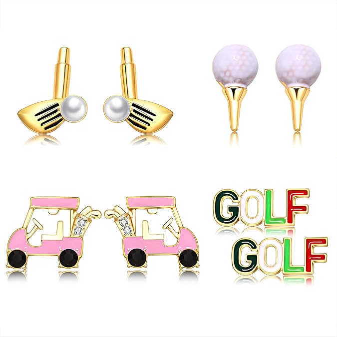4Pairs Golf Stud Earrings Golf Ball Bag Cart Earring Studs Statement Golf Themed Earrings Golf Jewelry for Women Sport Game Day Golf Accessories Outfits Gifts