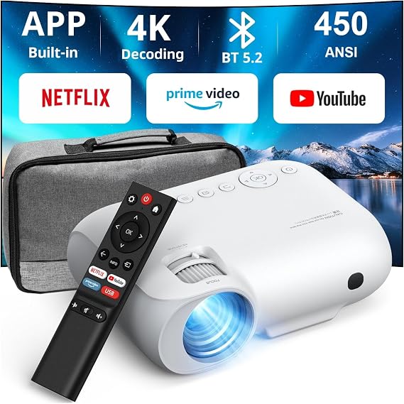 YOTON Smart Projector with WiFi and Bluetooth, Officially Licensed Netflix/Prime/YouTube, Native 1080P Full HD Portable Outdoor Movie Projector, 4K Support, Dolby Audio for Bedroom, Home, Outdoor