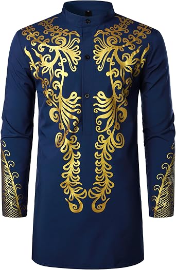 ZEROYAA Men's Traditional African Long Sleeve Dashiki Shiny Pattern Printed Dazzling Shirt