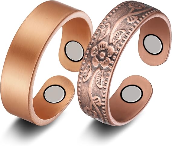 Jecanori 2PCS Copper Rings for Women Men,Magnetic Therapy Copper Ring, Adjustable Jewelry Gift with Box (Vintage Flower|Uncoated Sleek)