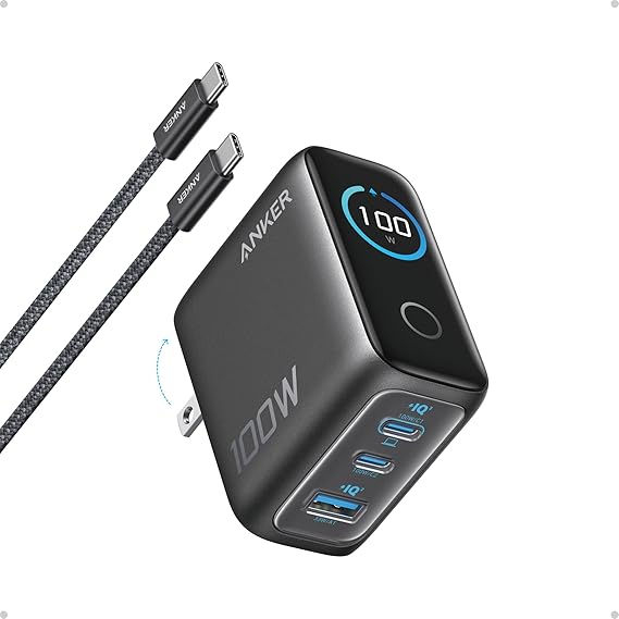 Anker 100W Max USB C Charger, 3-Port GaN Phone Charger with Smart Display | Ultra-Compact Fast Laptop Charger with Touch Control for iPhone 17 Series,iPad,MacBook Pro/Air(Include Cable,Non-Battery)