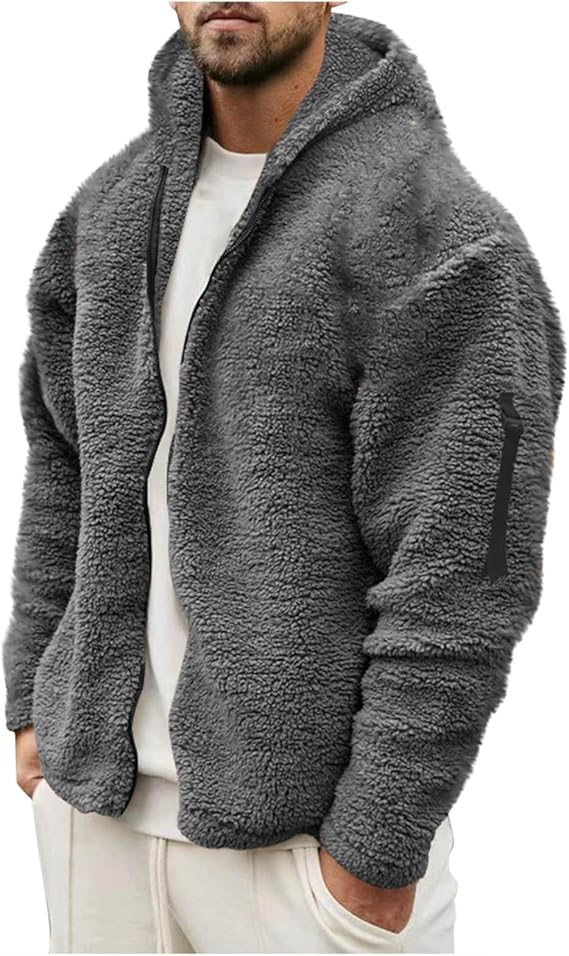 Mens Reversible Sherpa Jacket with Hood Warm Thick Fuzzy Full Zip Fleece Hoodie Heavyweight Soft Solid Plush Outerwear