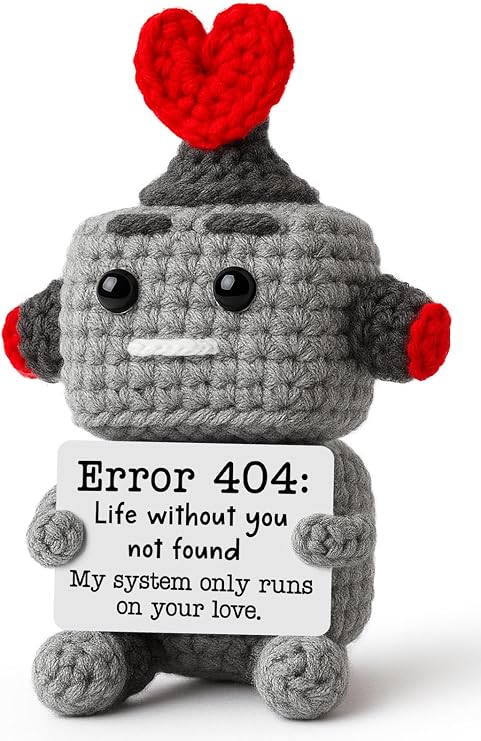 Funny Robot Gifts for Boyfriend Girlfriend Him Her, Handmade Crochet Error 404 Robot, Wedding Anniversary Valentines Day Birthday Presents for Women Men, I Love You Gift for Husband Wife