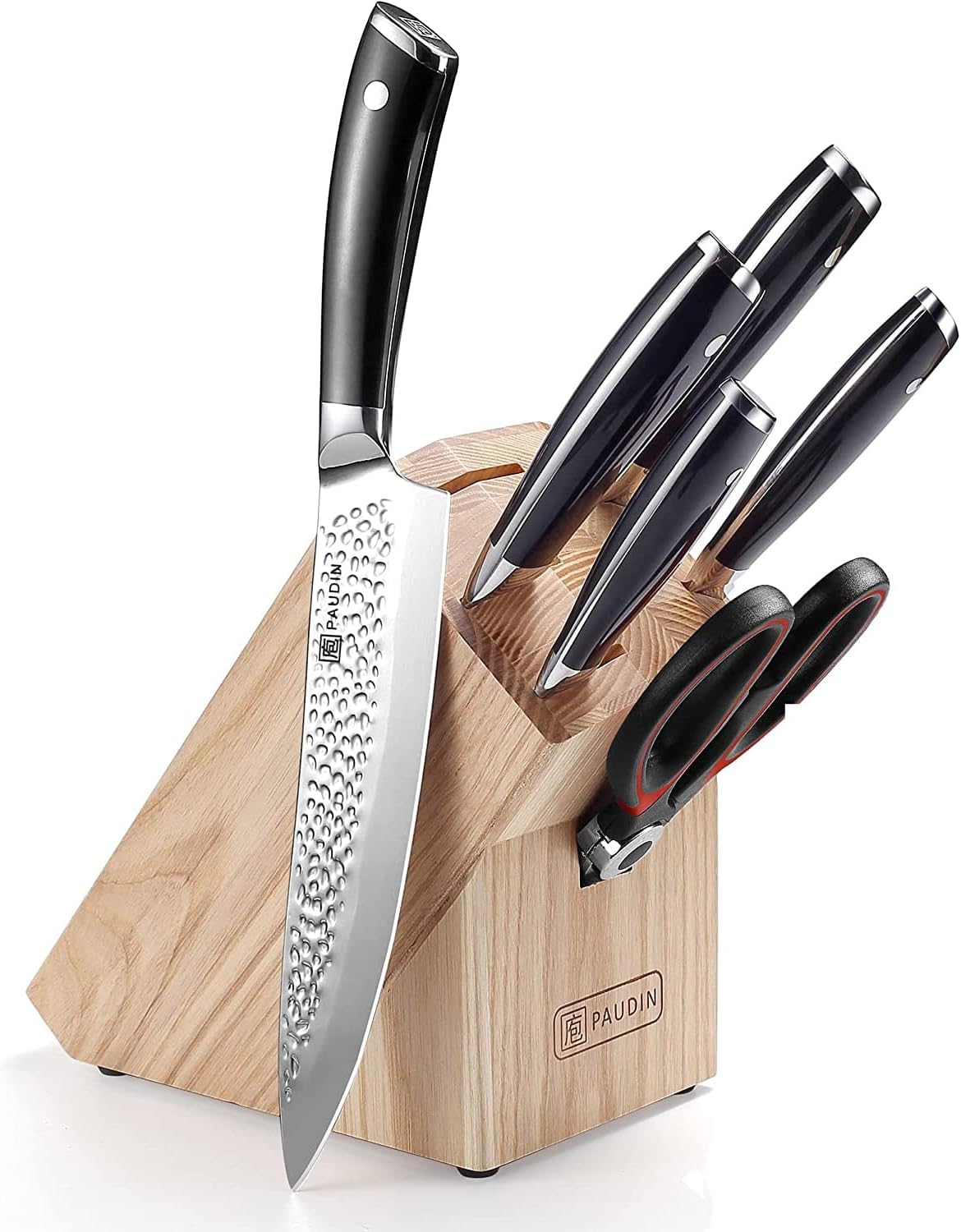 PAUDIN Knife Block with Knife Knife Set with Wooden Block 7-Piece Kitchen Knife Set Made of High-Quality Carbon Stainless Steel 5 Professional Ultra Sharp Chef's Knives Red Scissors and Wooden Block Ergonomic Handle