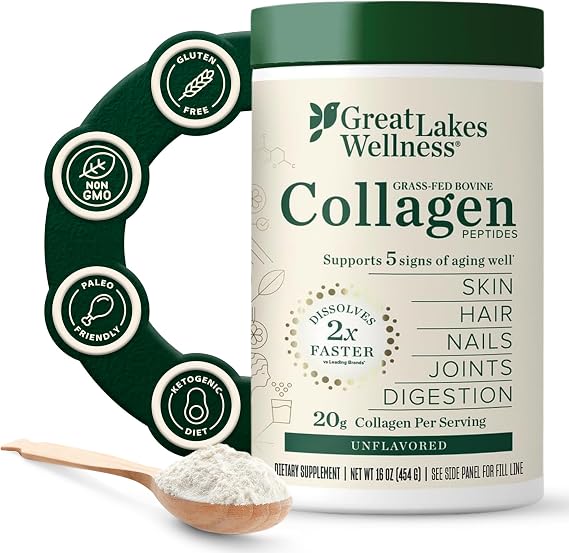 Great Lakes Wellness Collagen Peptides Powder Supports Skin, Hair, Nails, Joints & Digestion Hydrolyzed, Non-GMO, Keto & Kosher Pure Collagen Protein (16 oz, 22 Servings) Packaging may vary