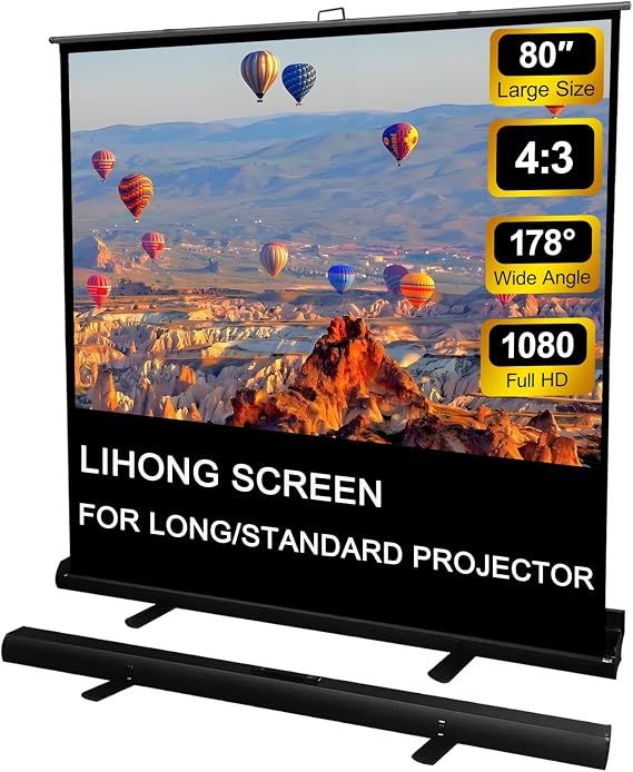 LIHONG Floor Rising Projector Screen 80 inch,Manual Pull Up,4:3 Matte White