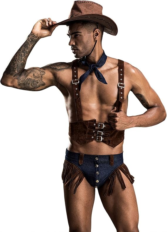 Mens Sexy Lingerie Set Role Play Cowboy Boy Uniform Night Club Costume Outfit