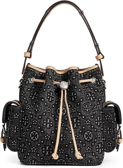 Tory Burch Women's T Monogram Denim Bucket Bag with Pockets