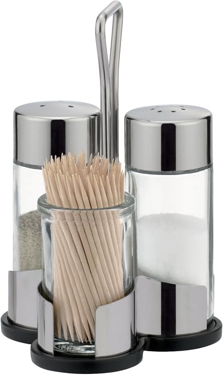 Tescoma CLUB Set mit Salzstreuer Pfefferstreuer und Zahnstocherhalter auf Edelstahlständer elegantes Tischzubehör aus Glas und Edelstahl für Küche Esstisch Gastronomie und gedeckten Tisch