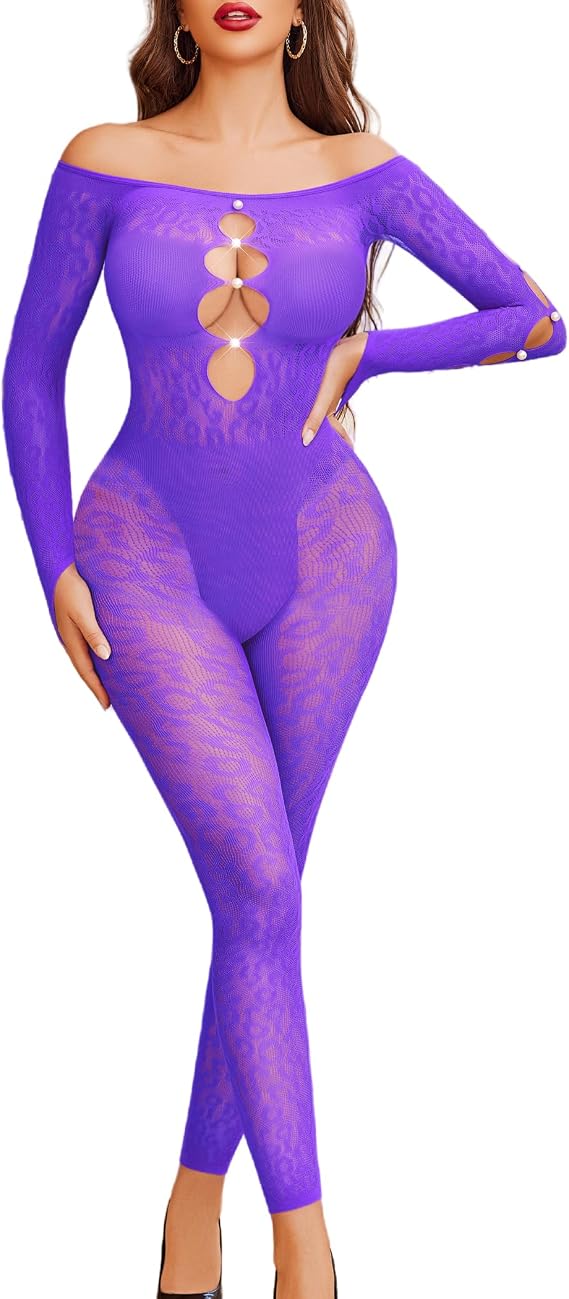 Avidlove Off Shoulder Fishnet Bodysuit Long Sleeve Cut Out Pearl Clubwear