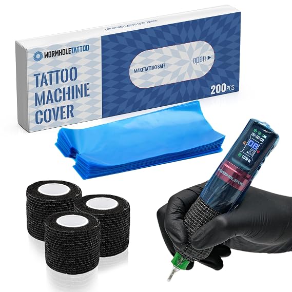 Wormhole Tattoo 200Pcs Plastic Tattoo Machine Covers, 3Pcs Tattoo Grip Tape, Disposable Tattoo Pen Covers for Tattoo Beginners 65 * 180mm - Blue