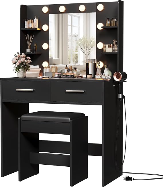 Furmax Makeup Vanity Desk with Mirror and Power Outlet, Black
