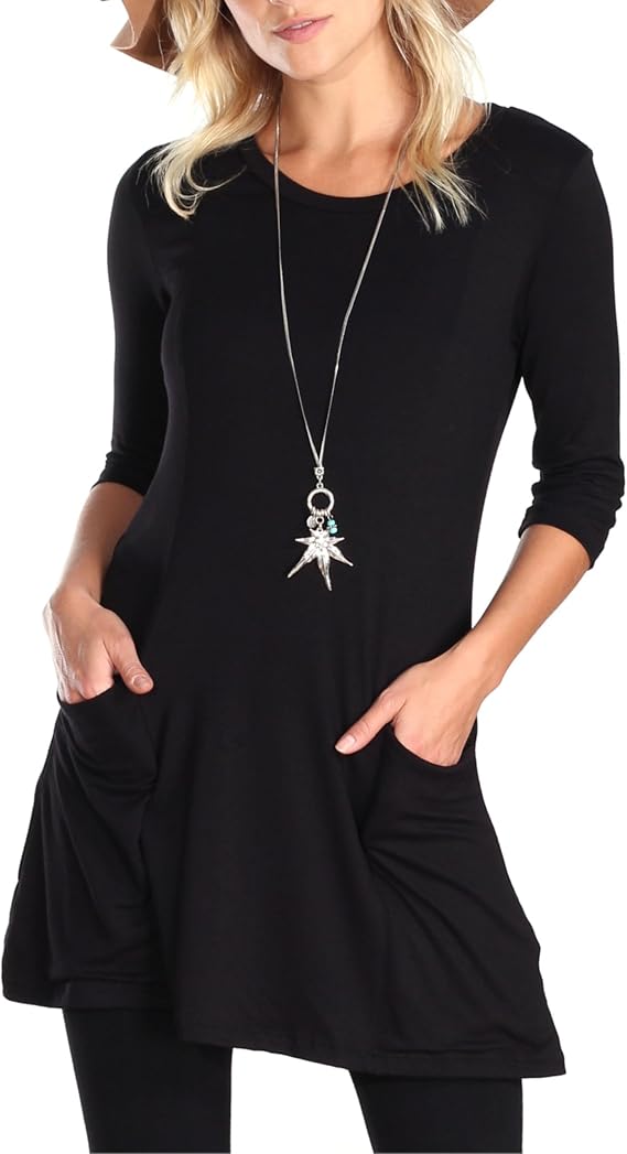 Popana Womens 3/4 Sleeve Tunic Top Scoop Neck Long Tunic Shirts to Wear with Leggings with Pockets