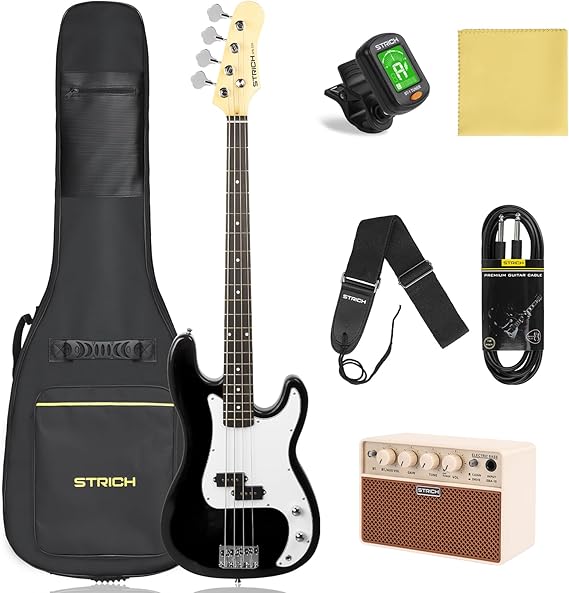 STRICH Electric Bass Guitar 4 Strings Full-Size Beginner Kit, Standard Bass for Starter with 2 x 5w Amp, Bag, Tuner, Strap, Cable, SPB-S10 Black