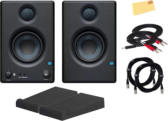 PreSonus Eris E3.5 BT Bluetooth Studio Monitor Pair Bundle with XLR Cables, TRS Cables, and Austin Bazaar Polishing Cloth