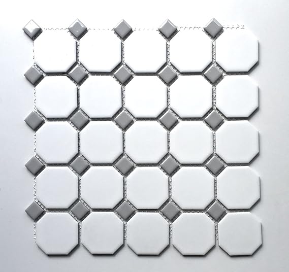 Squarefeet Depot Retro Octagon Porcelain Mosaic Floor and Wall Tile, 12" x 12", Matte White and Gray Dot Mixed