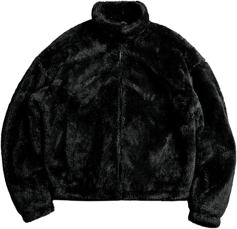 Men's Plush Faux Fur Winter Jacket High Collar Cropped Jacket Puffer Jacket Zip Up Winter Warm Fuzzy Jacket
