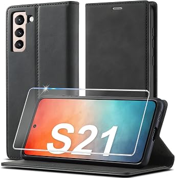 Leather Case for Galaxy S21 5G/4G [Premium Leather] Wallet Cover, RFID Blocking Card Slot, Kickstand, Magnetic Protective Phone Case, for Samsung Galaxy S21 Case Leather (Black)