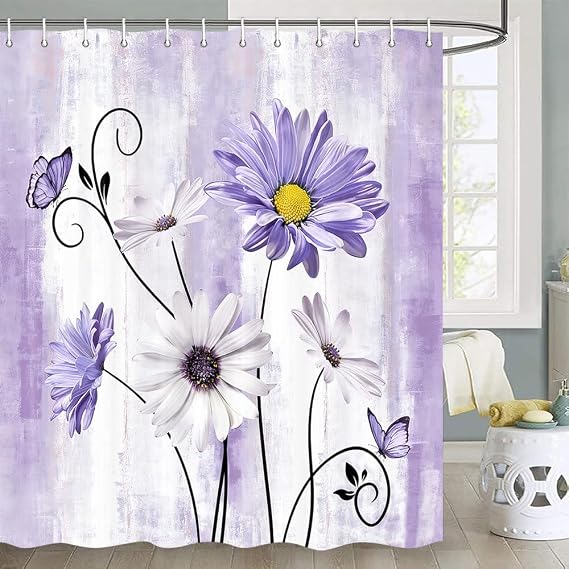 JAWO Rustic Farmhouse Floral Shower Curtain, Farm Daisy Flowers and Butterfly Shower Curtain for Bathroom, Country Turquoise Fabric Bath Curtains Set with Hooks, 72X72 Inch, Purple